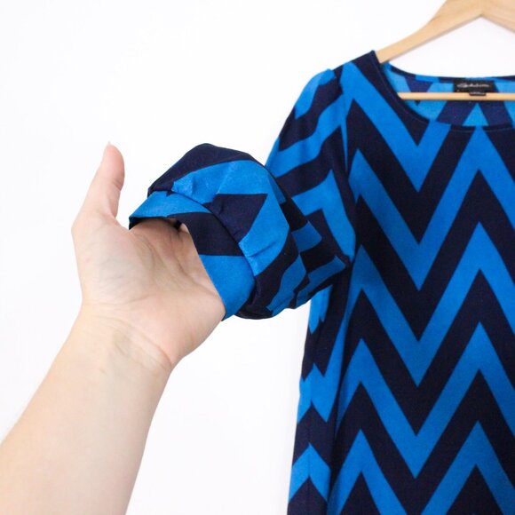 *Seduction Zig Zag Patterned Blue Long Sleeve Mini Dress - Picture 4 of 5